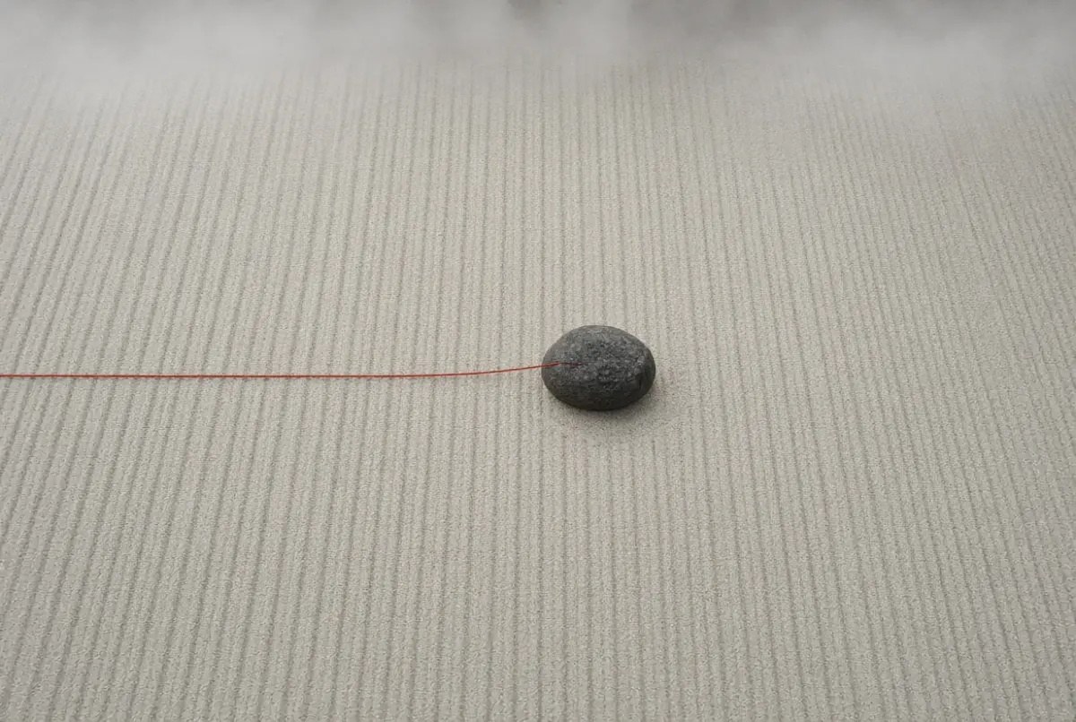 A raked stone garden seen from above, one dark stone off centre, a single vermilion thread leading to it.