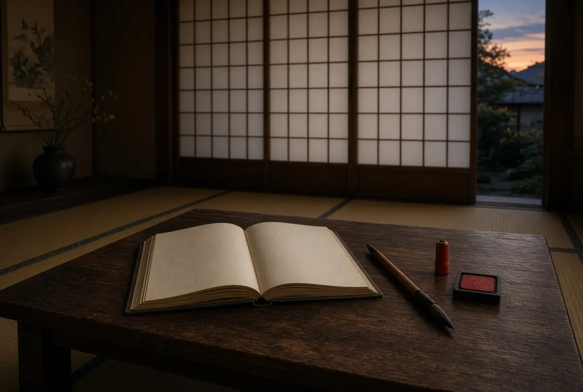 A low wooden table in a tatami room at dusk: an open paper ledger, a brush, a vermilion seal and its ink pad.