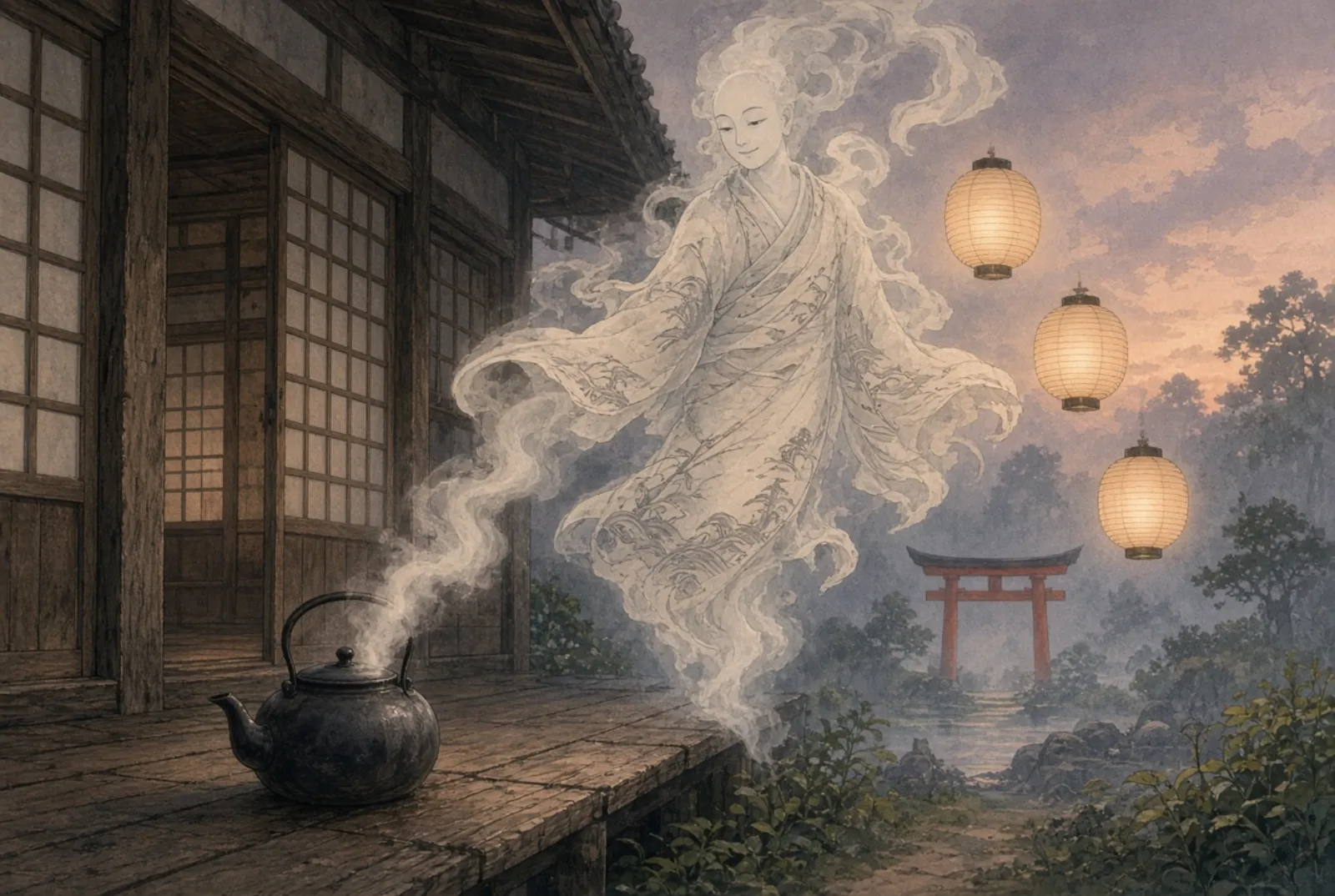 A gentle genie spirit rising in pale smoke from an iron teapot on a veranda at dusk, three glowing paper lanterns beside it, a vermilion torii in the misty garden.